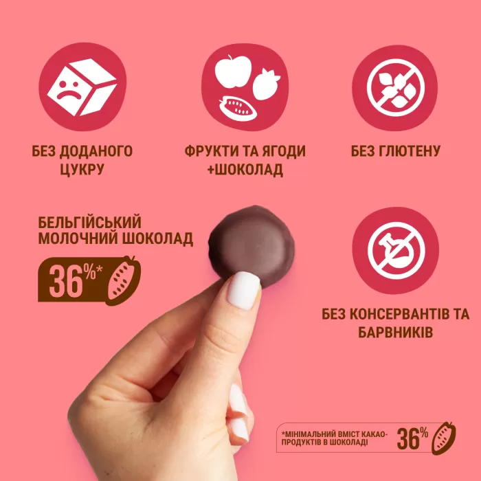 Фруктово-ягідні цукерки у молочному шоколаді Равлик Боб “Яблуко-Полуниця” 30г